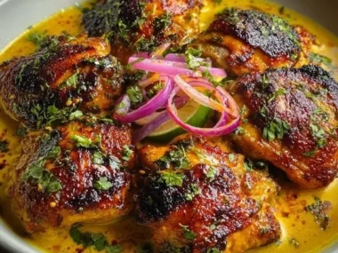 Plate of Spicy Peruvian Yellow Chicken garnished with fresh herbs