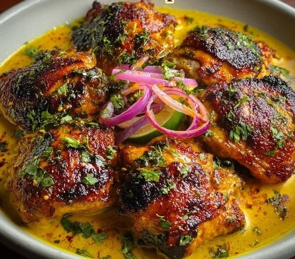 Plate of Spicy Peruvian Yellow Chicken garnished with fresh herbs