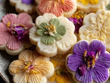 Colorful spring flower shortbread cookies on a decorative plate
