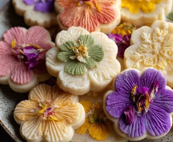 Colorful spring flower shortbread cookies on a decorative plate