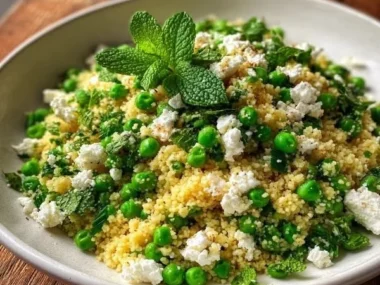 Bright and colorful spring pea feta couscous salad in a white bowl
