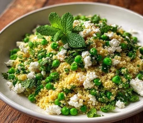 Bright and colorful spring pea feta couscous salad in a white bowl