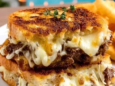 Delicious Steak Grilled Cheese sandwich with melted cheese and grilled steak.