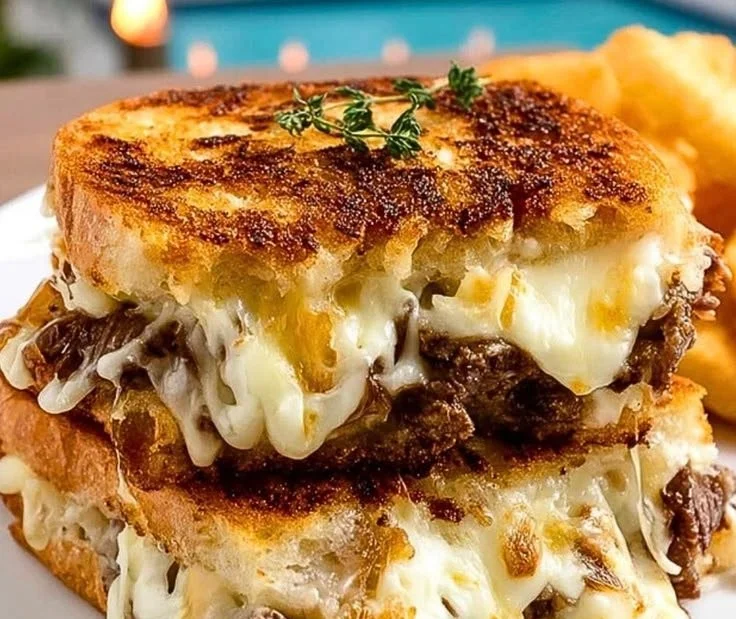 Delicious Steak Grilled Cheese sandwich with melted cheese and grilled steak.