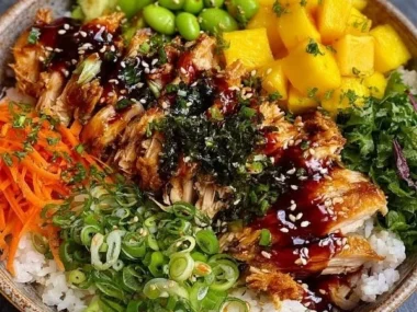 Delicious Sticky Chicken Poke Bowls with fresh ingredients and savory sauce
