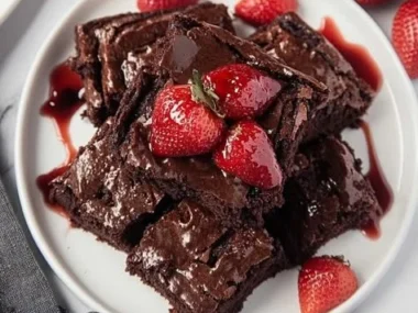Delicious strawberry brownies topped with fresh strawberries and chocolate drizzle