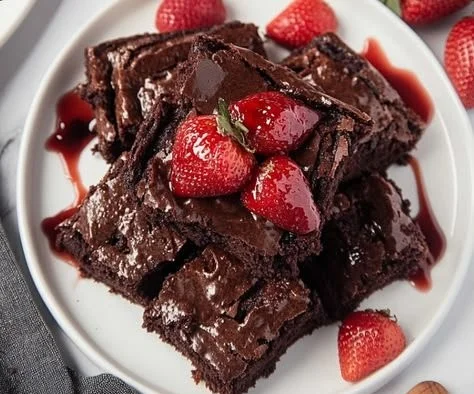 Delicious strawberry brownies topped with fresh strawberries and chocolate drizzle