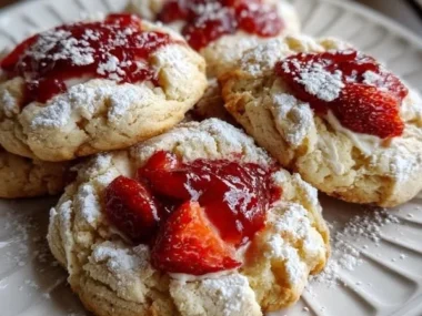 Freshly baked strawberry cheesecake cookies with a creamy topping