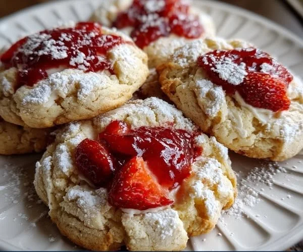 Freshly baked strawberry cheesecake cookies with a creamy topping