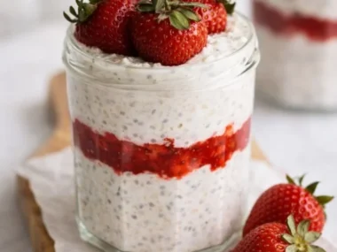 Bowl of Strawberry Cheesecake Overnight Oats topped with fresh strawberries