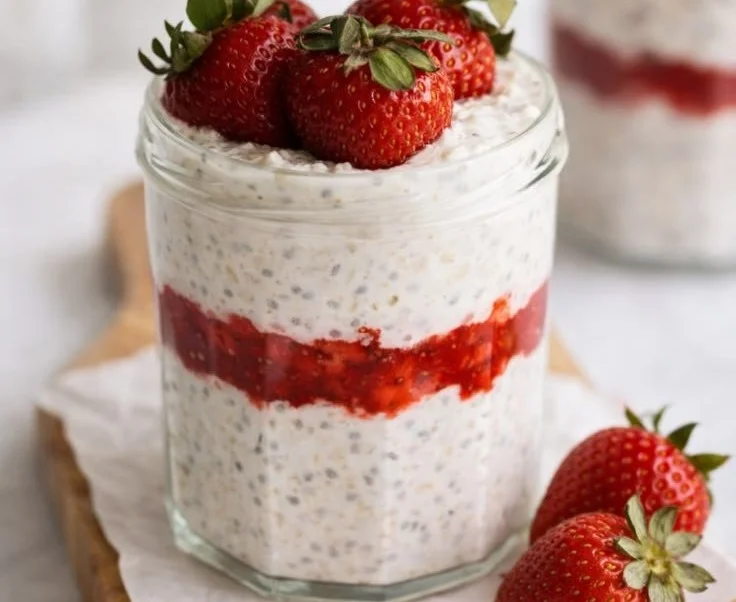 Bowl of Strawberry Cheesecake Overnight Oats topped with fresh strawberries