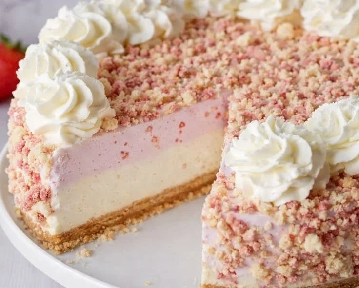 Delicious Strawberry Crunch Cheesecake with crunchy topping
