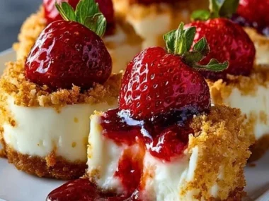Strawberry Crunch Cheesecake Bites topped with crumbled strawberries and cheesecake