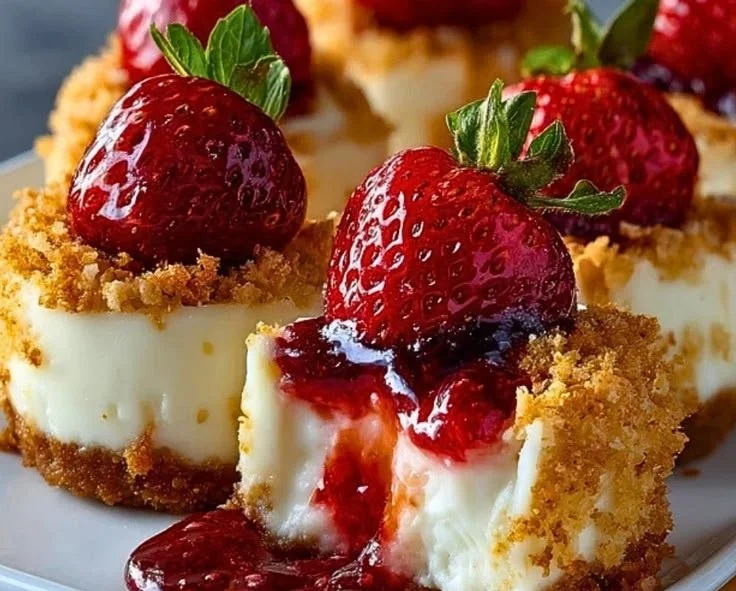 Strawberry Crunch Cheesecake Bites topped with crumbled strawberries and cheesecake
