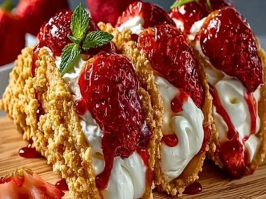 Delicious Strawberry Crunch Cheesecake Tacos dessert ready to enjoy.