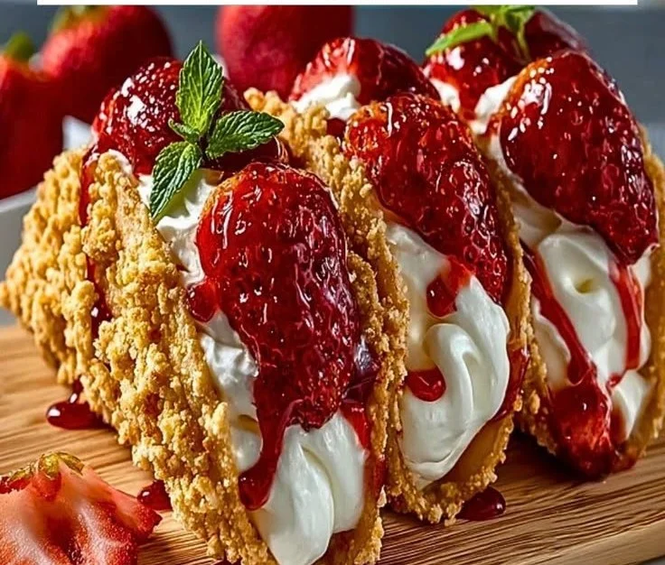 Delicious Strawberry Crunch Cheesecake Tacos dessert ready to enjoy.