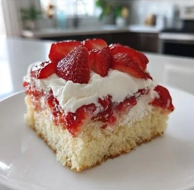 Delicious homemade Strawberry Shortcake Bars on a white plate