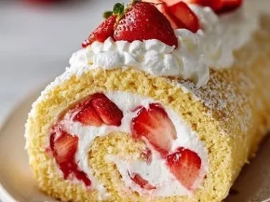 Delicious strawberry shortcake cake roll with fresh strawberries and whipped cream