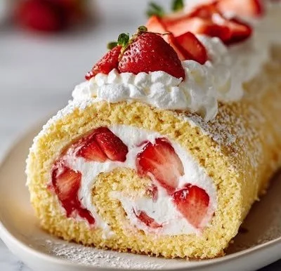 Delicious strawberry shortcake cake roll with fresh strawberries and whipped cream