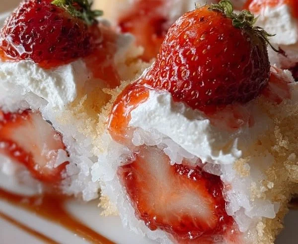 Strawberry Shortcake Sushi dessert with strawberries and cream