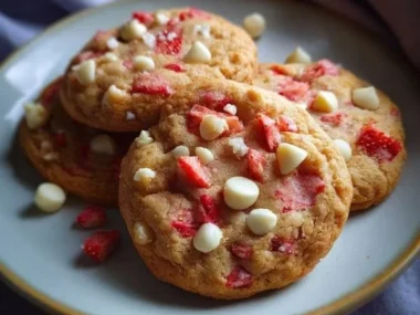 Freshly baked strawberry white chocolate cookies cooling on a wire rack.