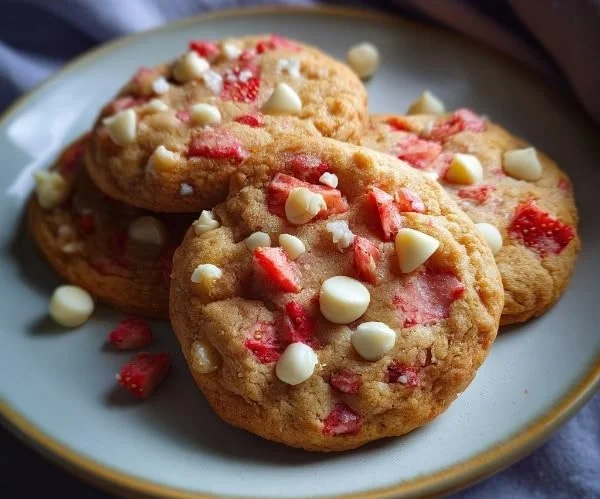 Freshly baked strawberry white chocolate cookies cooling on a wire rack.