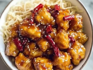 Plate of sweet and spicy hot orange chicken garnished with green onions