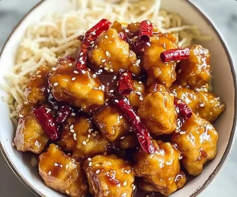 Plate of sweet and spicy hot orange chicken garnished with green onions