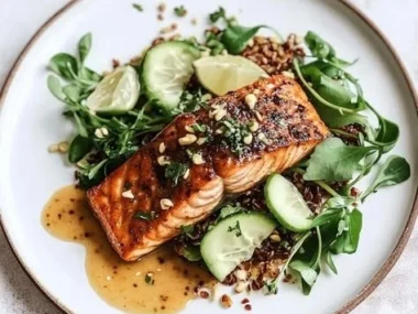 Sweet and spicy glazed salmon fillet garnished with herbs