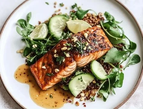 Sweet and spicy glazed salmon fillet garnished with herbs
