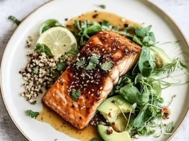 Delicious sweet spicy salmon garnished with herbs on a plate.