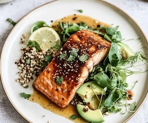 Delicious sweet spicy salmon garnished with herbs on a plate.