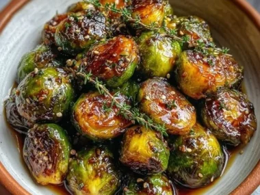 Sweet sticky glazed Brussels sprouts served in a bowl