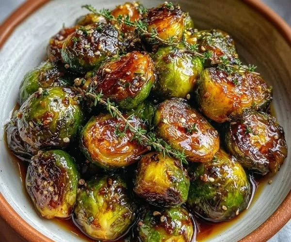 Sweet sticky glazed Brussels sprouts served in a bowl