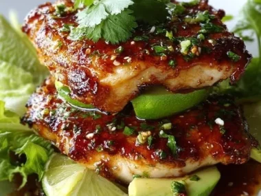 Delicious Honey Lime Chicken Stack served with fresh vegetables and lime