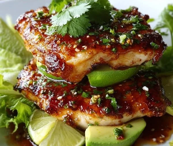 Delicious Honey Lime Chicken Stack served with fresh vegetables and lime