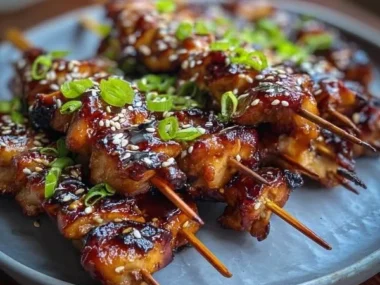 Delicious teriyaki chicken skewers ready for grilling and serving.