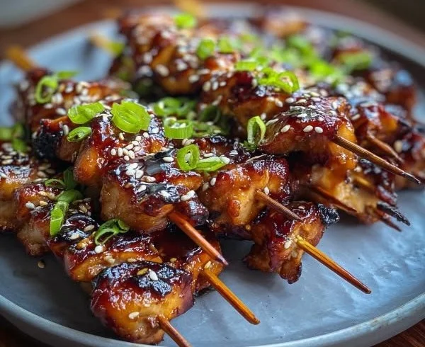 Delicious teriyaki chicken skewers ready for grilling and serving.