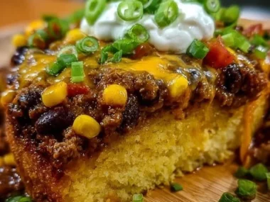 Homemade Texas Tamale Pie with cornbread and savory meat mix