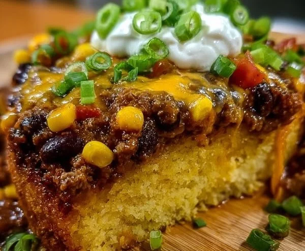 Homemade Texas Tamale Pie with cornbread and savory meat mix