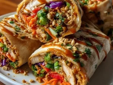 Thai Peanut Chicken Wrap with fresh vegetables and creamy peanut sauce