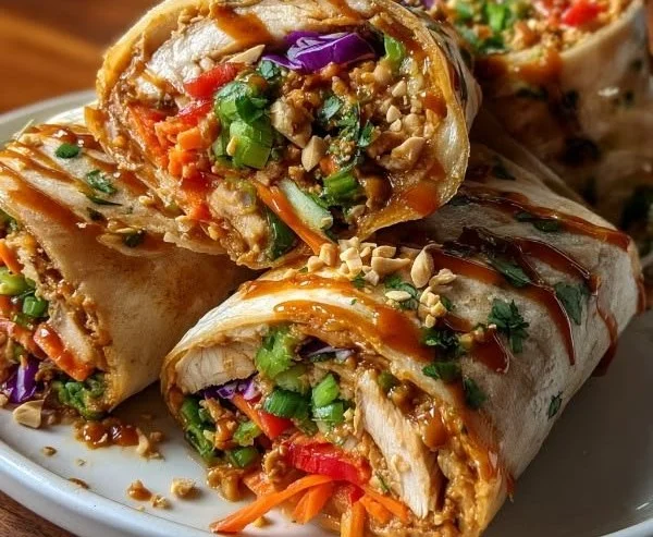 Thai Peanut Chicken Wrap with fresh vegetables and creamy peanut sauce
