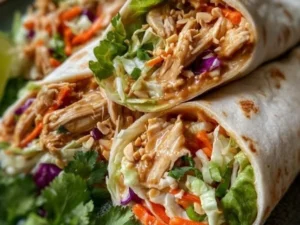 Thai Peanut Chicken Wraps with fresh vegetables and peanut sauce