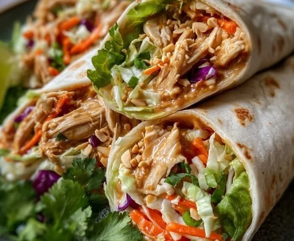 Thai Peanut Chicken Wraps with fresh vegetables and peanut sauce