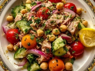 Delicious Tuna Chickpea Salad with fresh vegetables and a tangy dressing