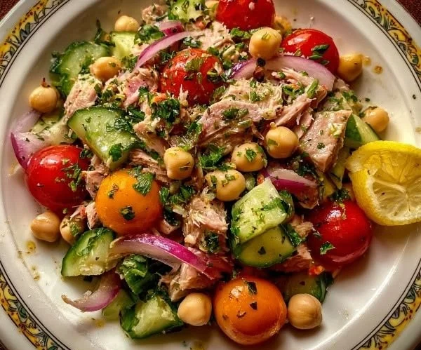 Delicious Tuna Chickpea Salad with fresh vegetables and a tangy dressing