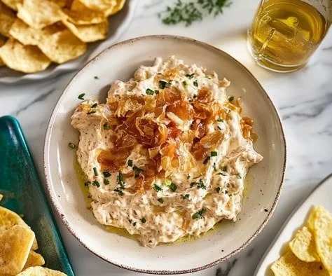 Delicious ultimate caramelized onion dip served with crispy bread