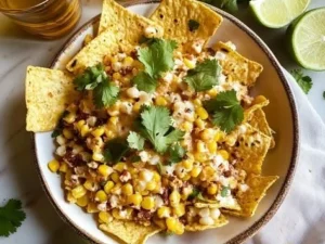 Delicious Ultimate Mexican Corn Dip ready to serve with tortilla chips.