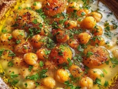 Delicious Vegan Garlic Chickpea Soup served in a bowl with fresh herbs.