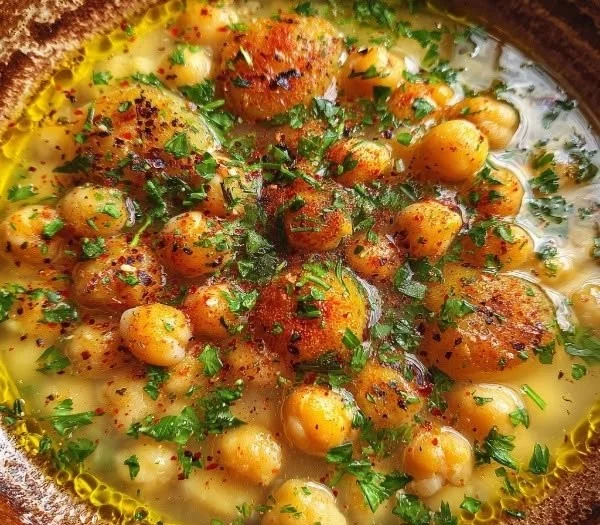 Delicious Vegan Garlic Chickpea Soup served in a bowl with fresh herbs.